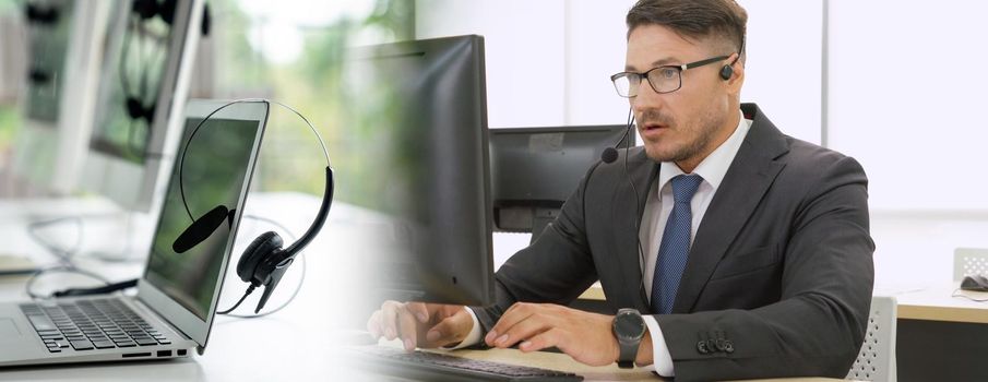 Business people wearing headset working in office to support remote customer or colleague. Call center, telemarketing, customer support agent provide service in broaden view .