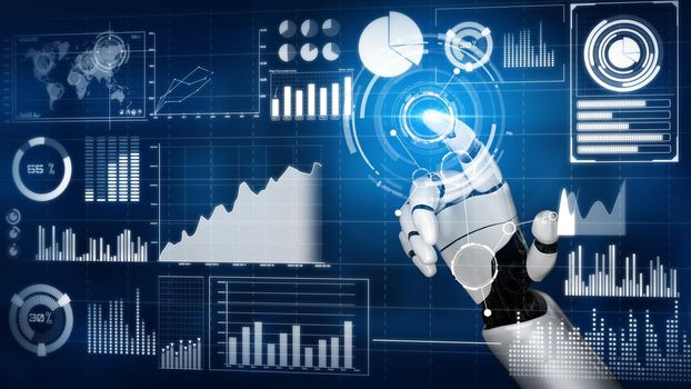 Futuristic robot artificial intelligence revolutionary AI technology development and machine learning concept. Global robotic bionic science research for future of human life. 3D rendering graphic.