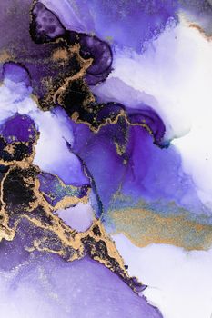 Purple gold abstract background of marble liquid ink art painting on paper . Image of original artwork watercolor alcohol ink paint on high quality paper texture .