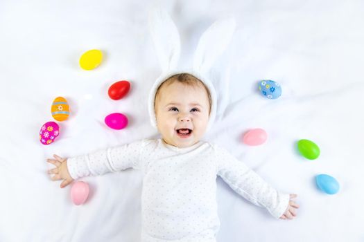 Happy easter baby holiday concept on white background. Selective focus. Child.