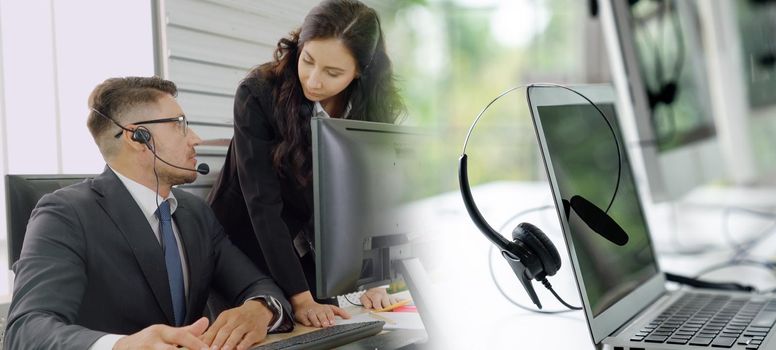 Business people wearing headset working in office to support remote customer or colleague. Call center, telemarketing, customer support agent provide service in broaden view .