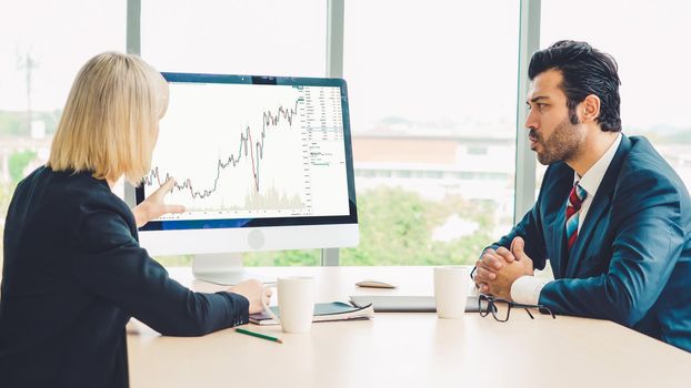 Stock market data chart analysis by ingenious computer software . Investment application display stock market chart on the computer screen and advise trading decision .