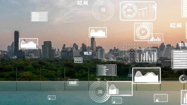 Business data analytic interface fly over smart city showing alteration future of business intelligence. Computer software and artificial intelligence are used to analyze big data for strategic plan .