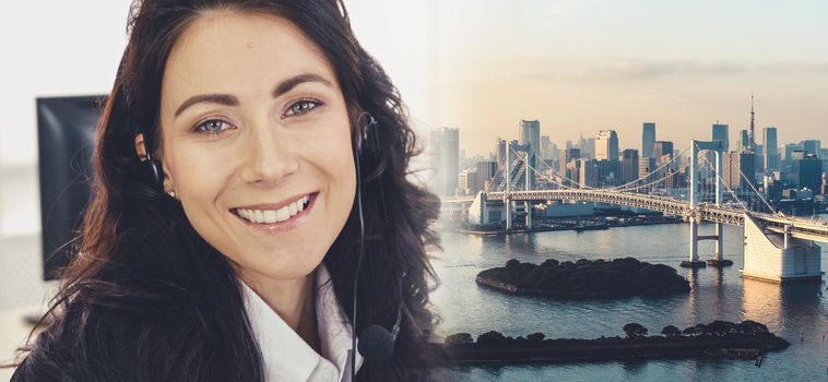 Business people wearing headset working in office to support remote customer or colleague. Call center, telemarketing, customer support agent provide service in broaden view .