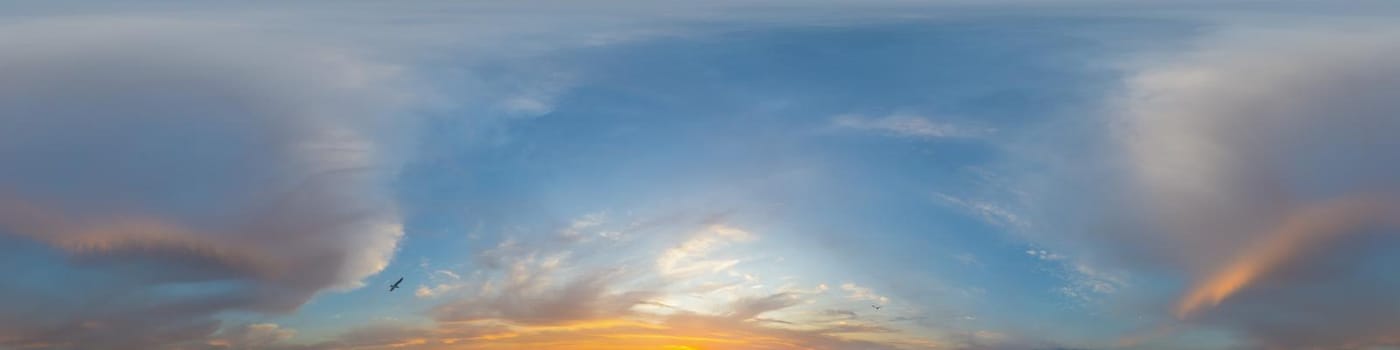 Dark blue sunset sky panorama with pink Cumulus clouds. Seamless hdr 360 pano in spherical equirectangular format. Full zenith for 3D visualization, game, sky replacement for aerial drone panoramas