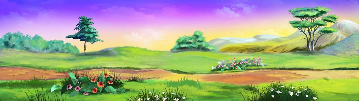 Pathway through the green meadow on a sunny summer day. Digital Painting Background, Illustration.