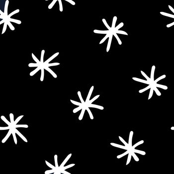 Seamless Pattern with White Snowflakes on Black Background. Abstract Hand-Drawn Doodle Snowflakes.