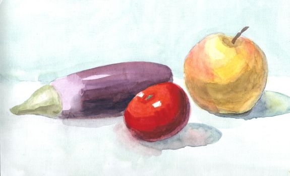 Sketch with eggplant, apple tomato watercolor