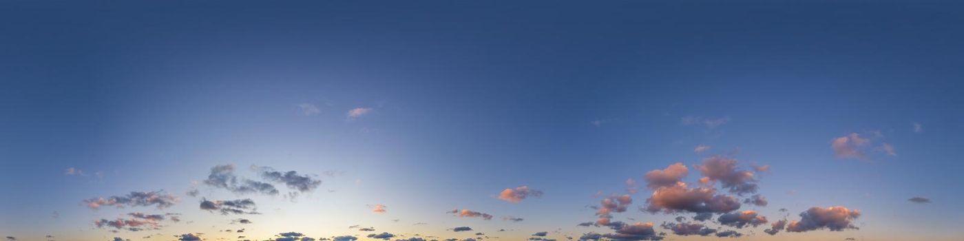 Dramatic sunset sky panorama with Cumulus clouds. Seamless hdr 360 pano in spherical equirectangular format. Complete zenith for 3D visualization, game and sky replacement for aerial drone panoramas