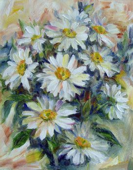 Sunny bouquet of white daisies oil painting