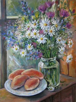 Bouquet of chamomiles with patties, painting