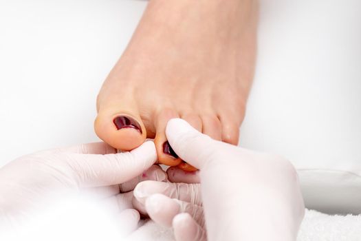 Manicure master holds female toenail with maroon nail polish wearing white gloves