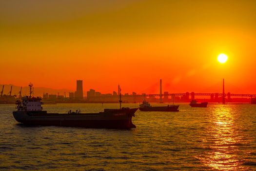 Silhouette of dusk and large ship. Shooting Location: Kawasaki City, Kanagawa Prefecture