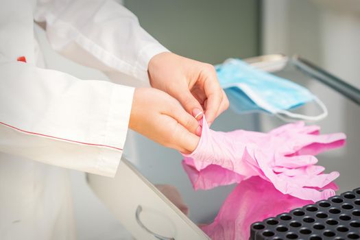 Nurse's hands putting on pink sterilized protective gloves in the laboratory