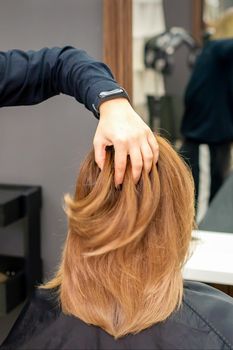 Back view of hairdresser checks red or brown hairstyle of young woman in hair salon