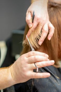 Close-up back view of hairdresser cuts red or brown hair to young woman in beauty salon. Haircut in hair salon