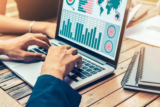 Business data dashboard analysis by ingenious computer software . Investment application display business sales and profit on the computer screen and advise marketing planning decision .