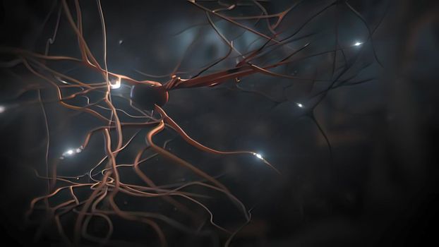 Neuron and synapses 3d medical illustration. Neurogenesis, remyelination, myelin,