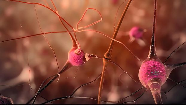 Neuron and synapses 3d medical illustration. Neurogenesis, remyelination, myelin,