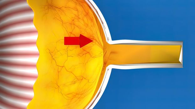 Low-tension or normal-pressure glaucoma. In normal-tension glaucoma the optic nerve is damaged even though the pressure in the eye is not very high. 3d illustration