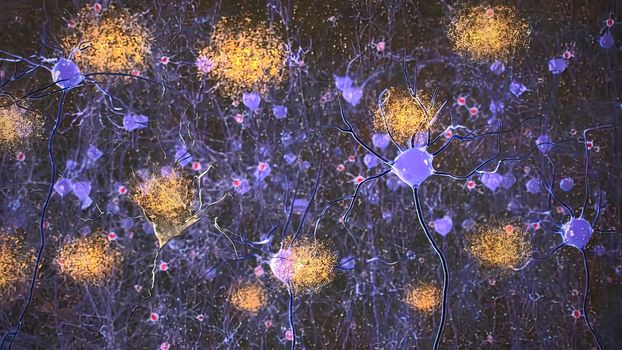 Neurons in action. electrical impulses between neuronal connections 3d illustration