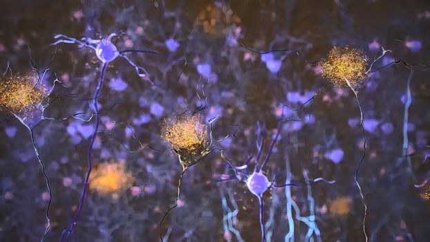 Neurons in action. electrical impulses between neuronal connections 3d illustration