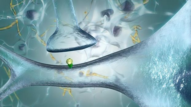 A neuron generates an electrical impulse, causing the cell to release its neurotransmitters . 3d illustration