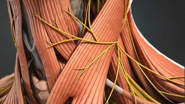 Neck muscles help support the cervical spine and contribute to movements of the head, neck, upper back, and shoulders 3d illustration