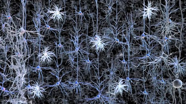 Neurons in action. electrical impulses between neuronal connections 3d illustration