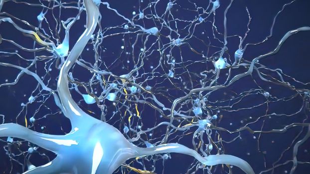 Intro Brain Impulses. Neuron System. Transferring Pulses And Generating .From neurons during synapsis to a human head. 3d illustration