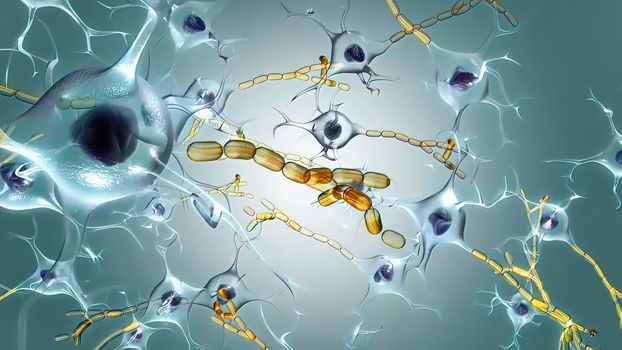 A neuron generates an electrical impulse, causing the cell to release its neurotransmitters . 3d illustration