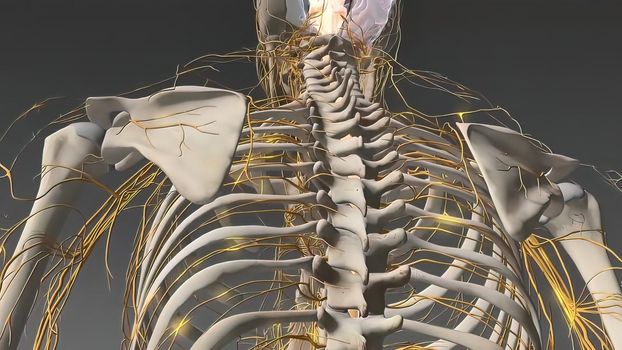 Human nervous system, system that conducts stimuli from sensory receptors to the brain and spinal cord and conducts impulses back to other parts of the body. 3d illustration