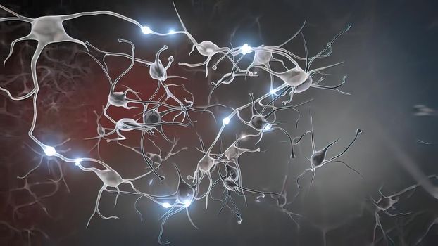 Intro Brain Impulses. Neuron System. Transferring Pulses And Generating .From neurons during synapsis to a human head. 3d illustration