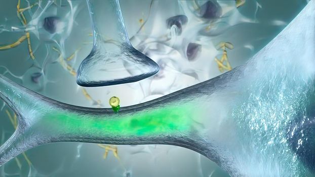 A neuron generates an electrical impulse, causing the cell to release its neurotransmitters . 3d illustration