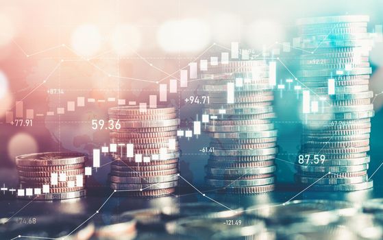 Finance and money technology background concept of business prosperity and asset management . Creative graphic show economy and financial growth by investment in valuable asset to gain wealth profit .