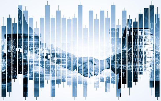 Business handshake on finance prosperity and money technology asset background . Economy and financial growth by investment in valuable stock market to gain wealth profit form currency trading