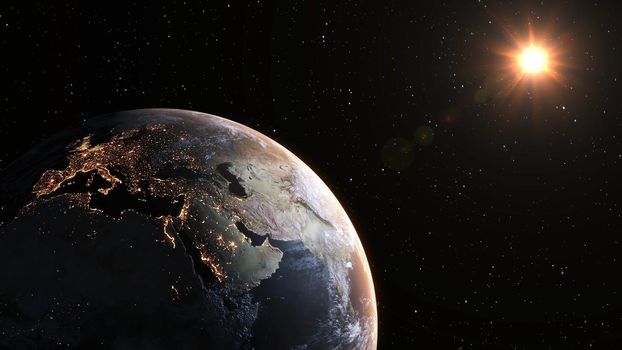 Planet earth with realistic geography surface and orbital 3D cloud atmosphere . Outer space view of world globe sphere of continents . 3D rendering graphic . Elements of this image furnished by NASA .