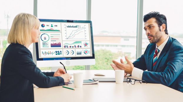 Business data dashboard analysis by ingenious computer software . Investment application display business sales and profit on the computer screen and advise marketing planning decision .