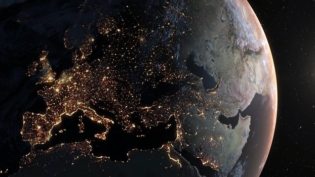 Planet earth with realistic geography surface and orbital 3D cloud atmosphere . Outer space view of world globe sphere of continents . 3D rendering graphic . Elements of this image furnished by NASA .
