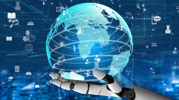 Futuristic robot artificial intelligence revolutionary AI technology development and machine learning concept. Global robotic bionic science research for future of human life. 3D rendering graphic.