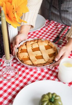 Happy Thanksgiving Day. Autumn feast. Woman celebrating holiday cooking traditional dinner at kitchen