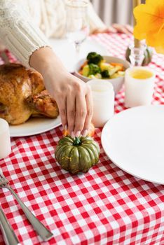 Happy Thanksgiving Day. Autumn feast. Woman celebrating holiday cooking traditional dinner at kitchen