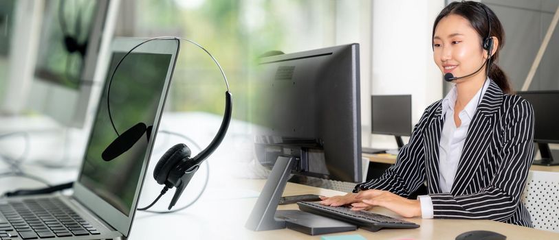 Business people wearing headset working in office to support remote customer or colleague. Call center, telemarketing, customer support agent provide service in broaden view .