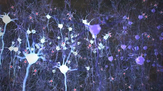 Neurons in action. electrical impulses between neuronal connections 3d illustration