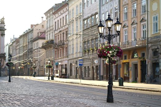 Traditional houses in a pedestrian street in historical Old town of Lviv, Ukraine