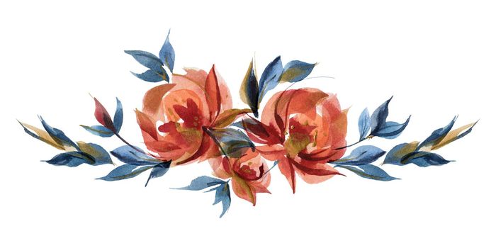 Blue and orange roses floral garland vignette in folk cottege trend. Watercolor composition of traditional folk rose flowers and branches.