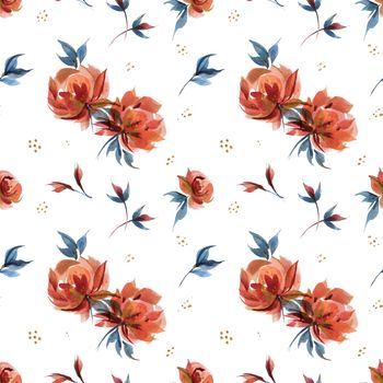 Watercolor seamles pattern of traditional folk rose flowers and branches. Blue and orange and white colors. Countryside chintz trend