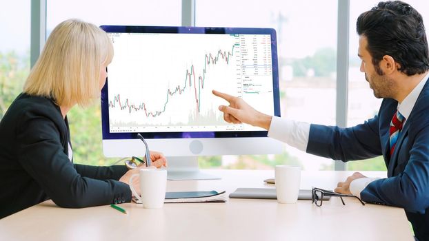 Stock market data chart analysis by ingenious computer software . Investment application display stock market chart on the computer screen and advise trading decision .