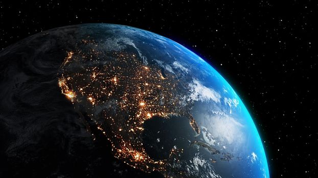 Planet earth with realistic geography surface and orbital 3D cloud atmosphere . Outer space view of world globe sphere of continents . 3D rendering graphic . Elements of this image furnished by NASA .