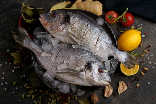 Fresh ready to cook raw bream fish dorado with ingredients and seasonings like rosemary, salt, pepper, lime and oil